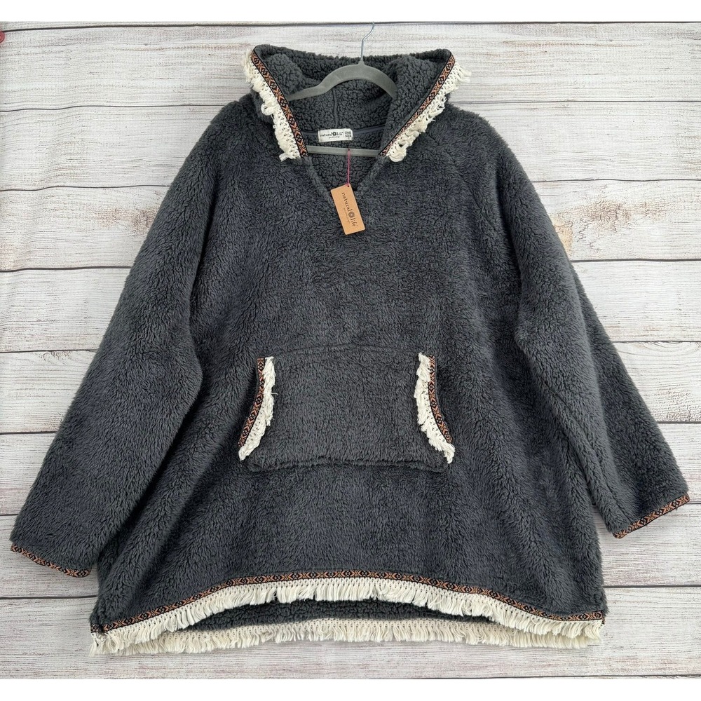 Natural Life Hoodie Women One Size Grey Sherpa Fringe Embroidered SWTR407